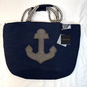 America & Beyond Navy Silver Anchor Embellished Jute Tote Bag Crossbody strap